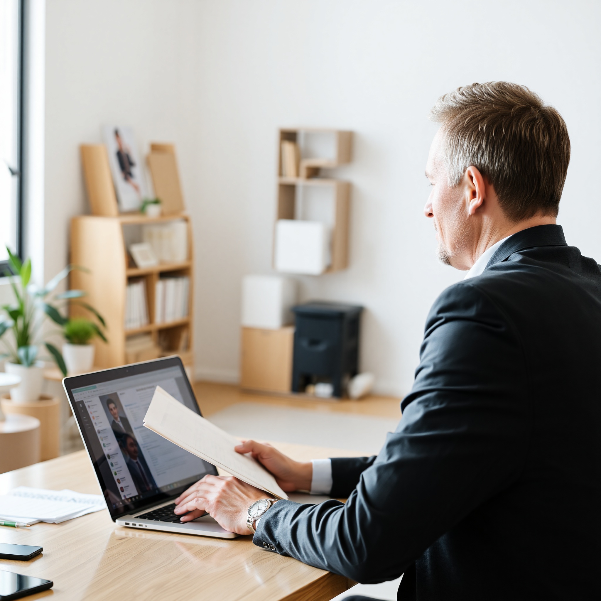 Remote consultant reviewing client proposal on laptop during video call meeting