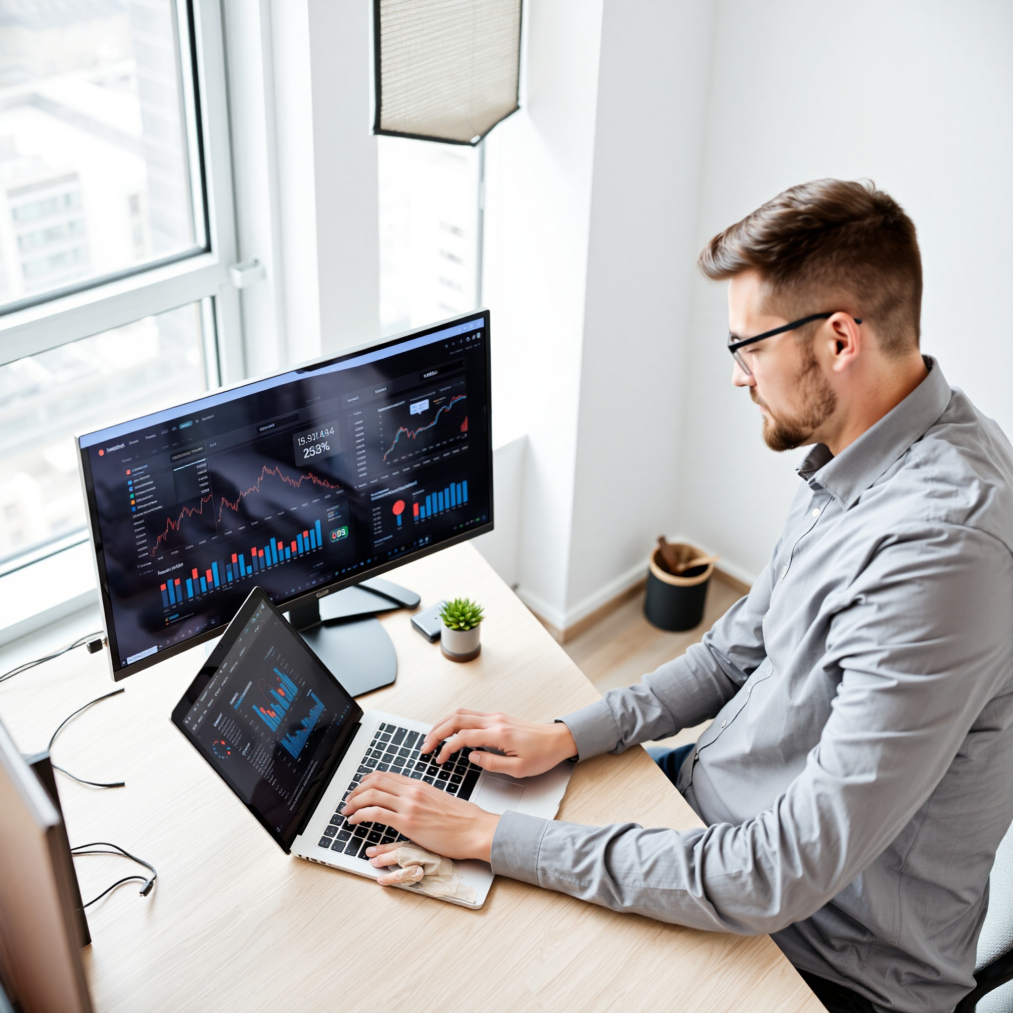 Professional e-commerce manager analyzing sales metrics on computer dashboard in modern office environment