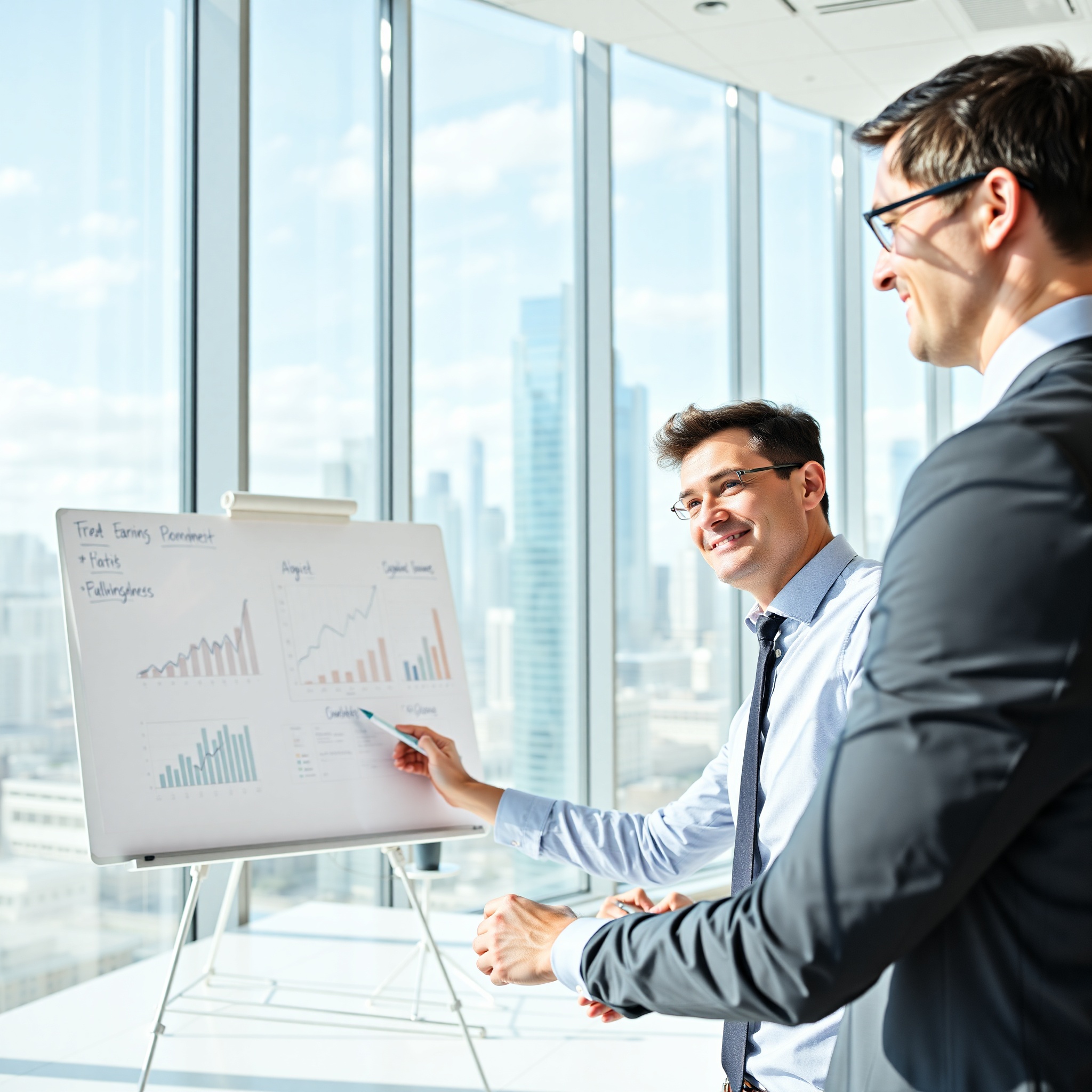 Canadian entrepreneur in modern office workspace reviewing online business strategy and growth metrics on whiteboard