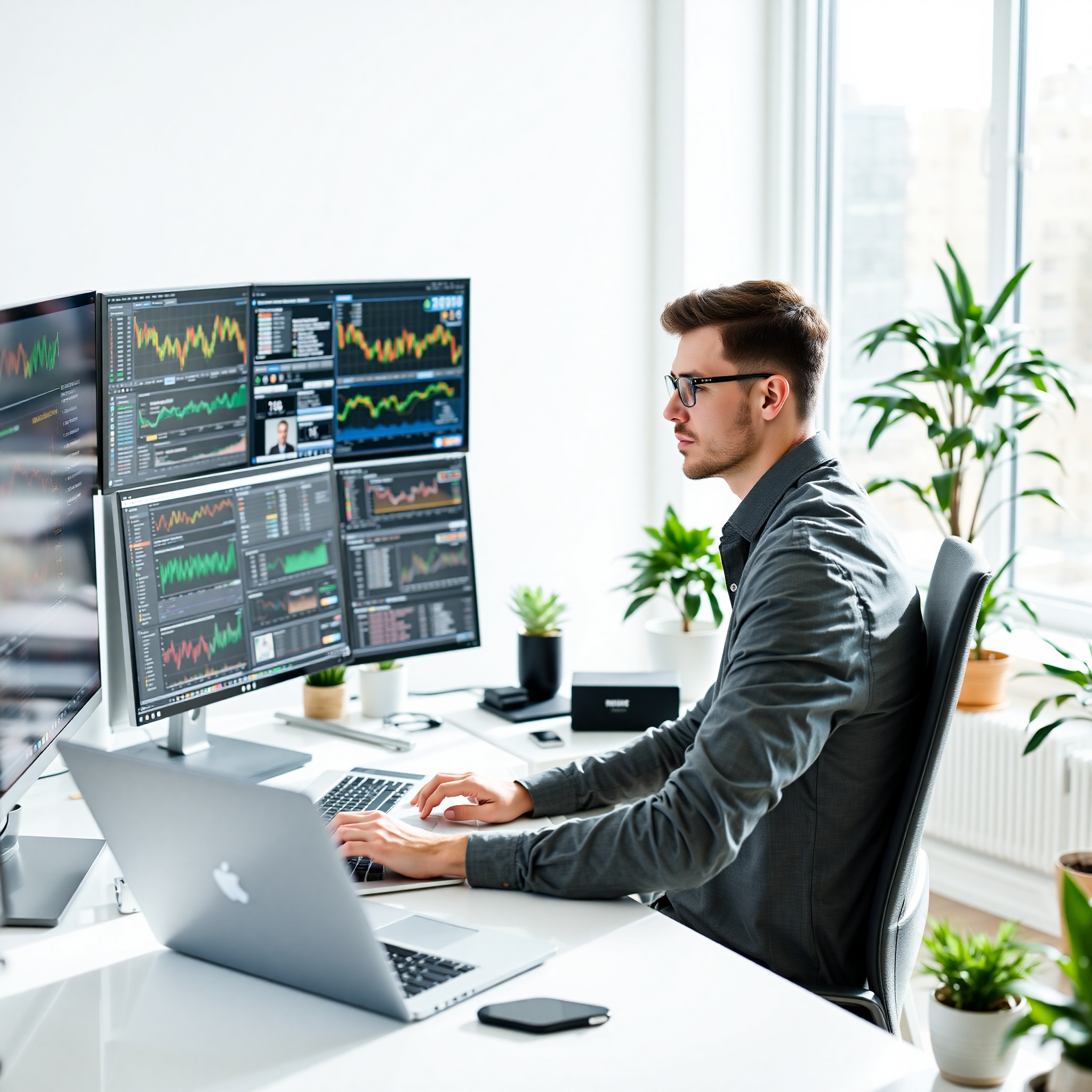 Professional entrepreneur working on laptop with financial charts and online income data visible on screen