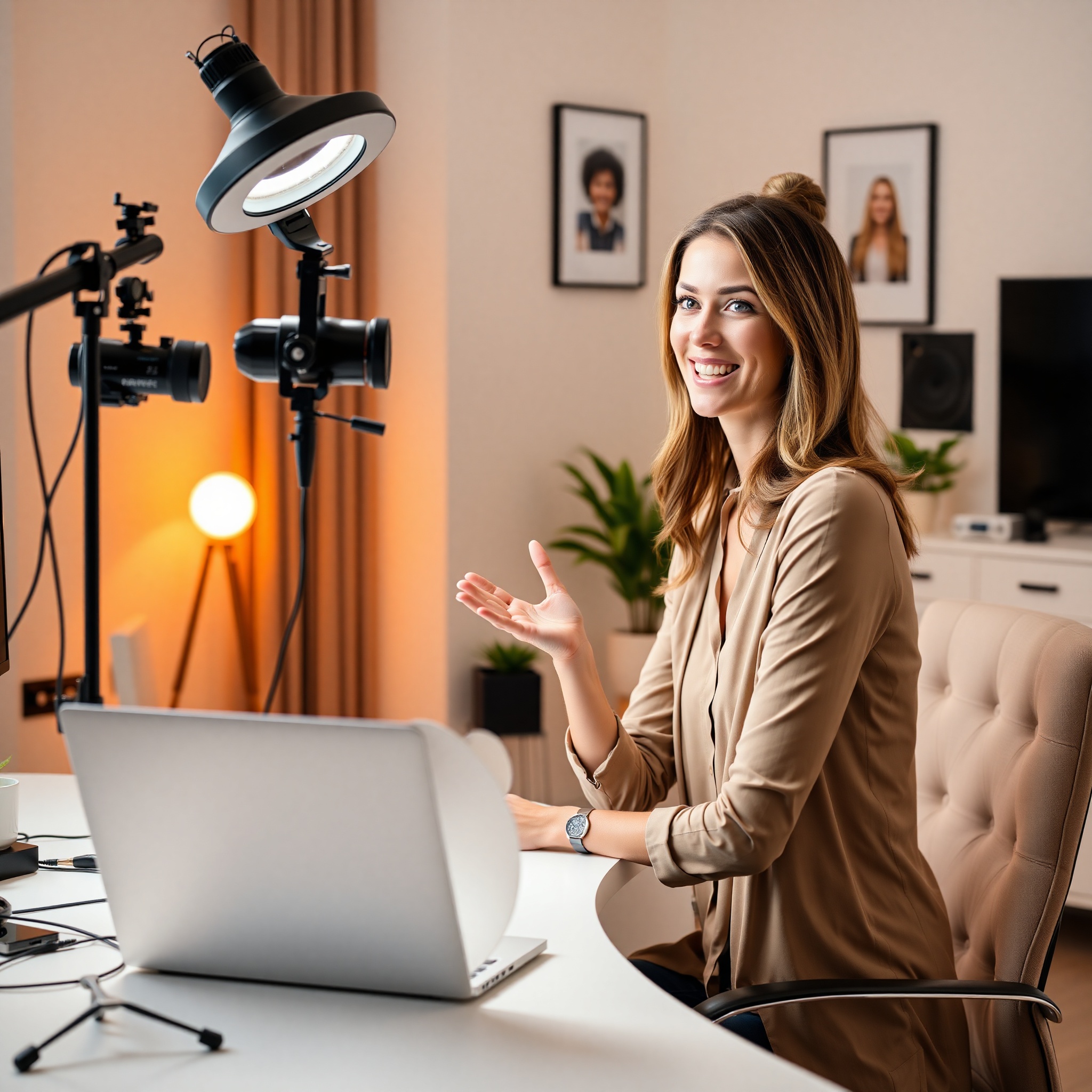 Professional woman teaching online course, sitting at desk with laptop and ring light, video recording setup visible, bright office background