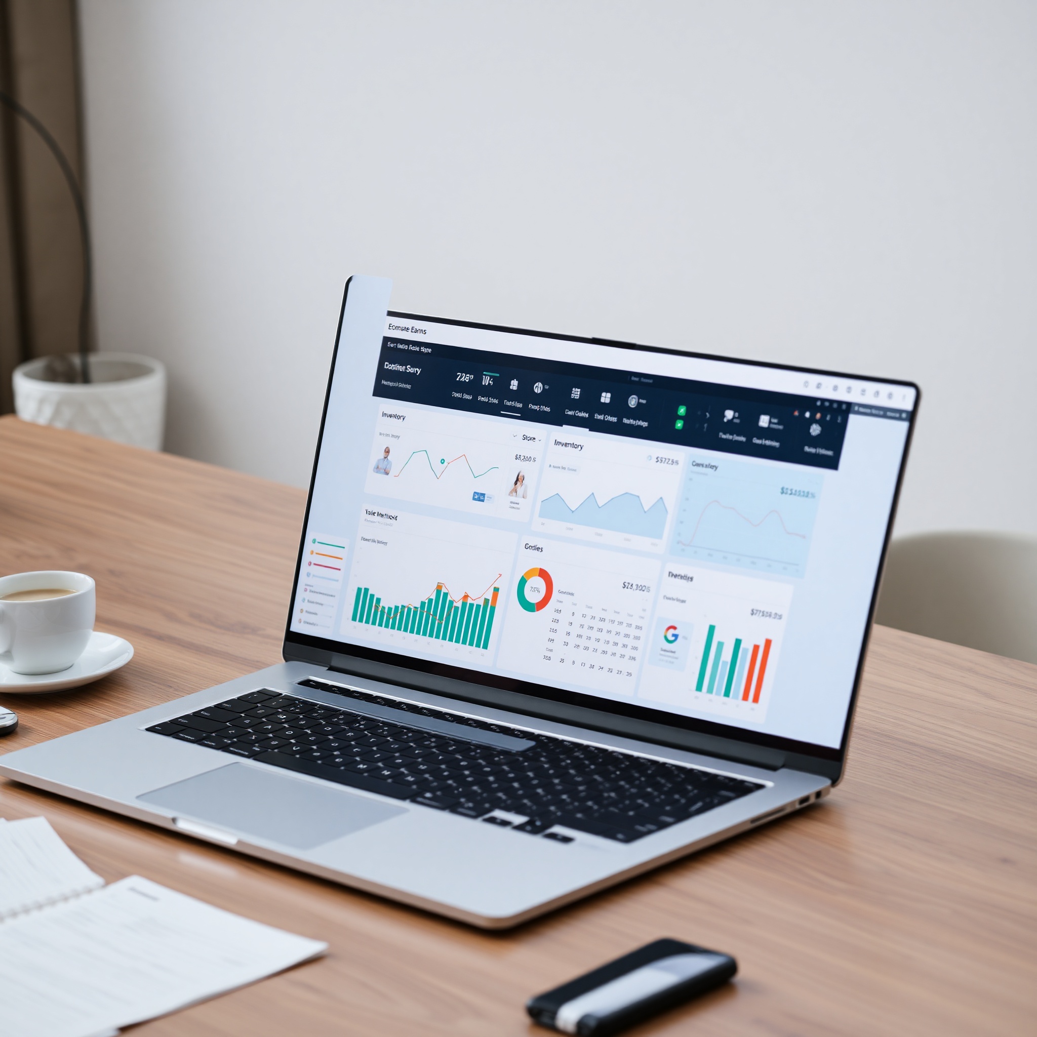 E-commerce store dashboard on laptop screen showing inventory management, product listings, and sales analytics