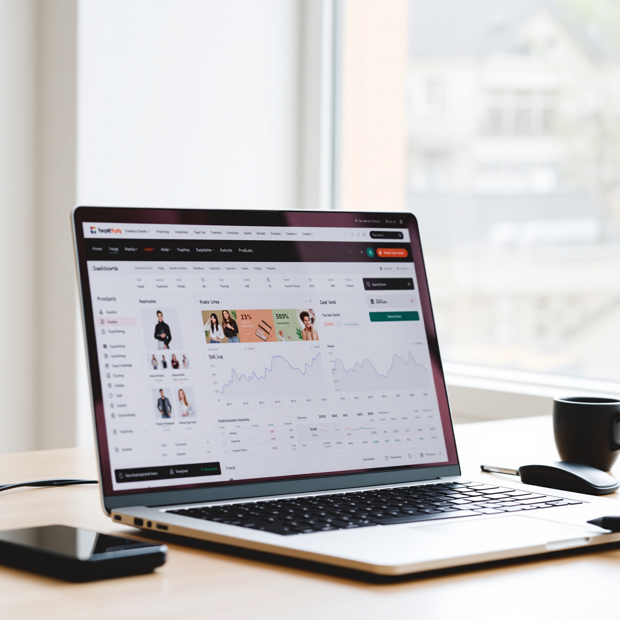 E-commerce storefront displayed on laptop screen with shopping cart and products