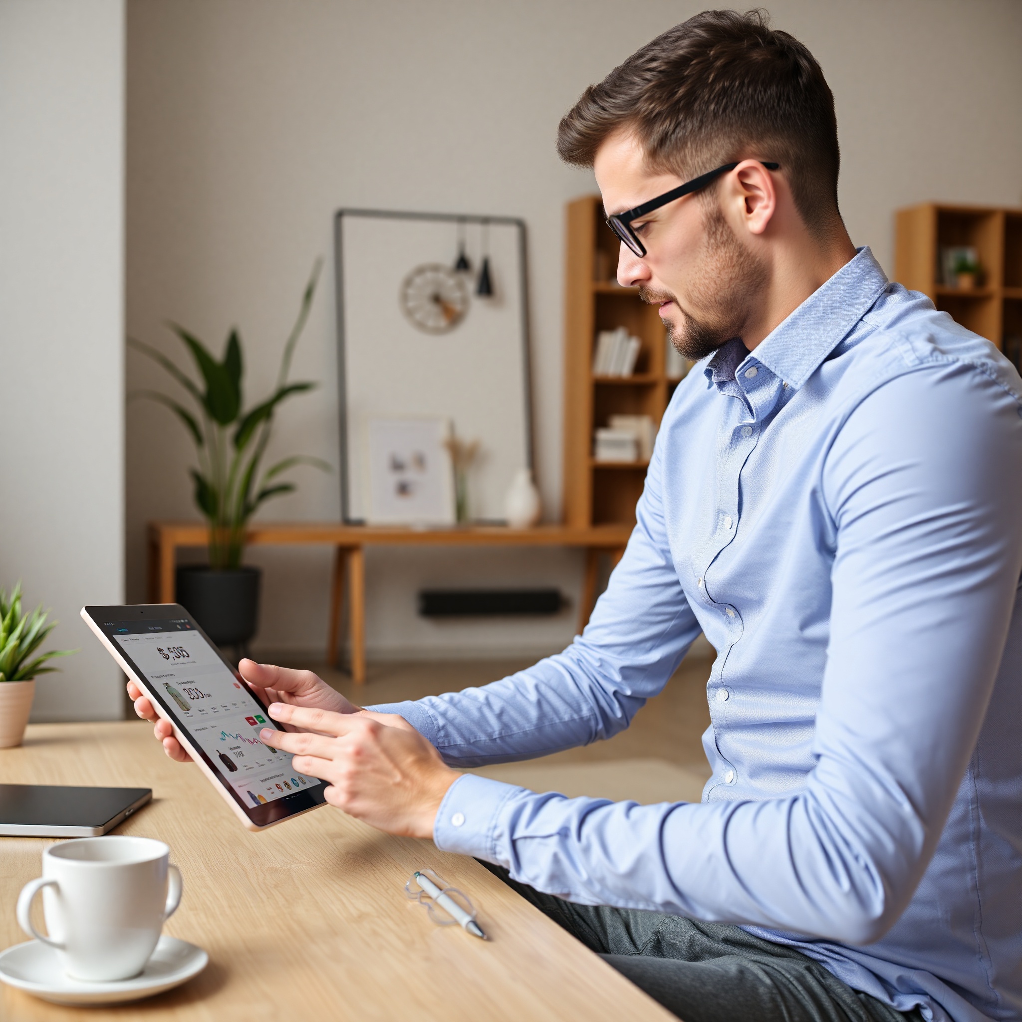 E-commerce business owner reviewing online store inventory and sales metrics on tablet