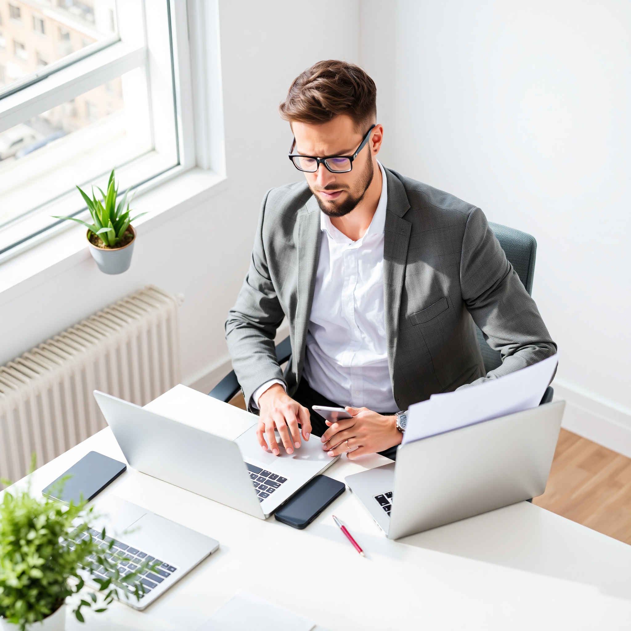 Professional consultant working at desk with laptop and notebook, natural office lighting