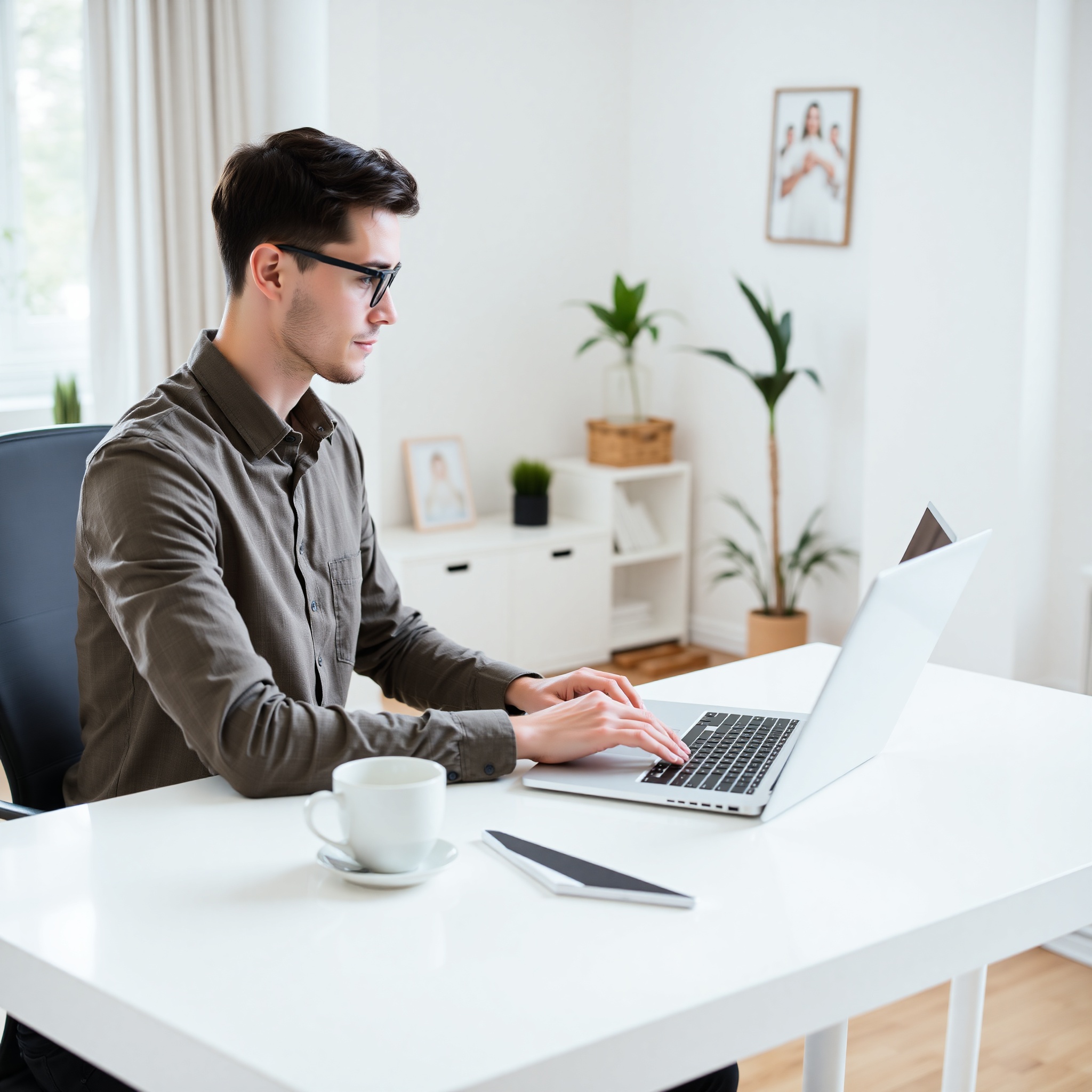 Professional freelance writer working at laptop with coffee, modern home office, focused on writing tasks