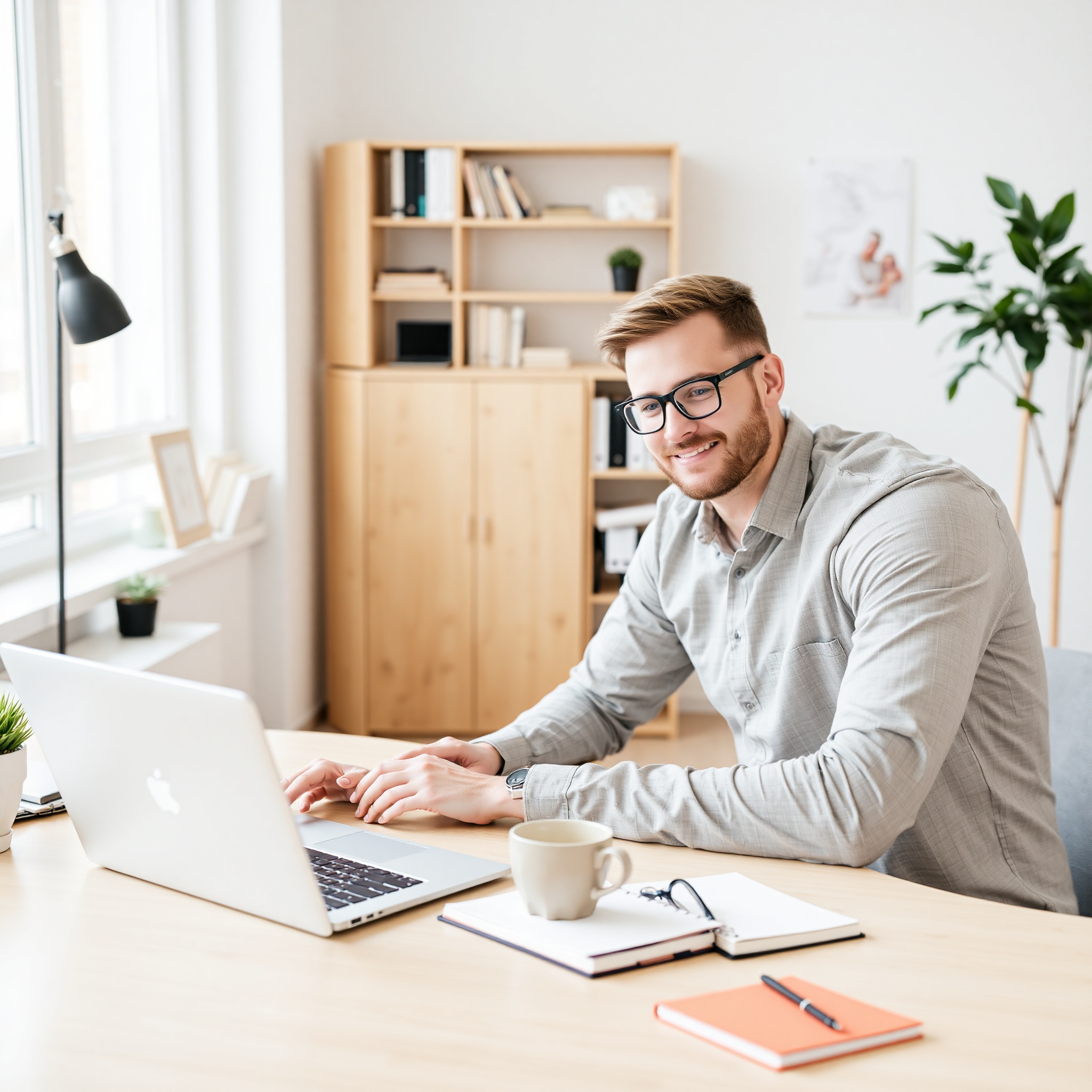 Freelance writer working on laptop with coffee and notebook
