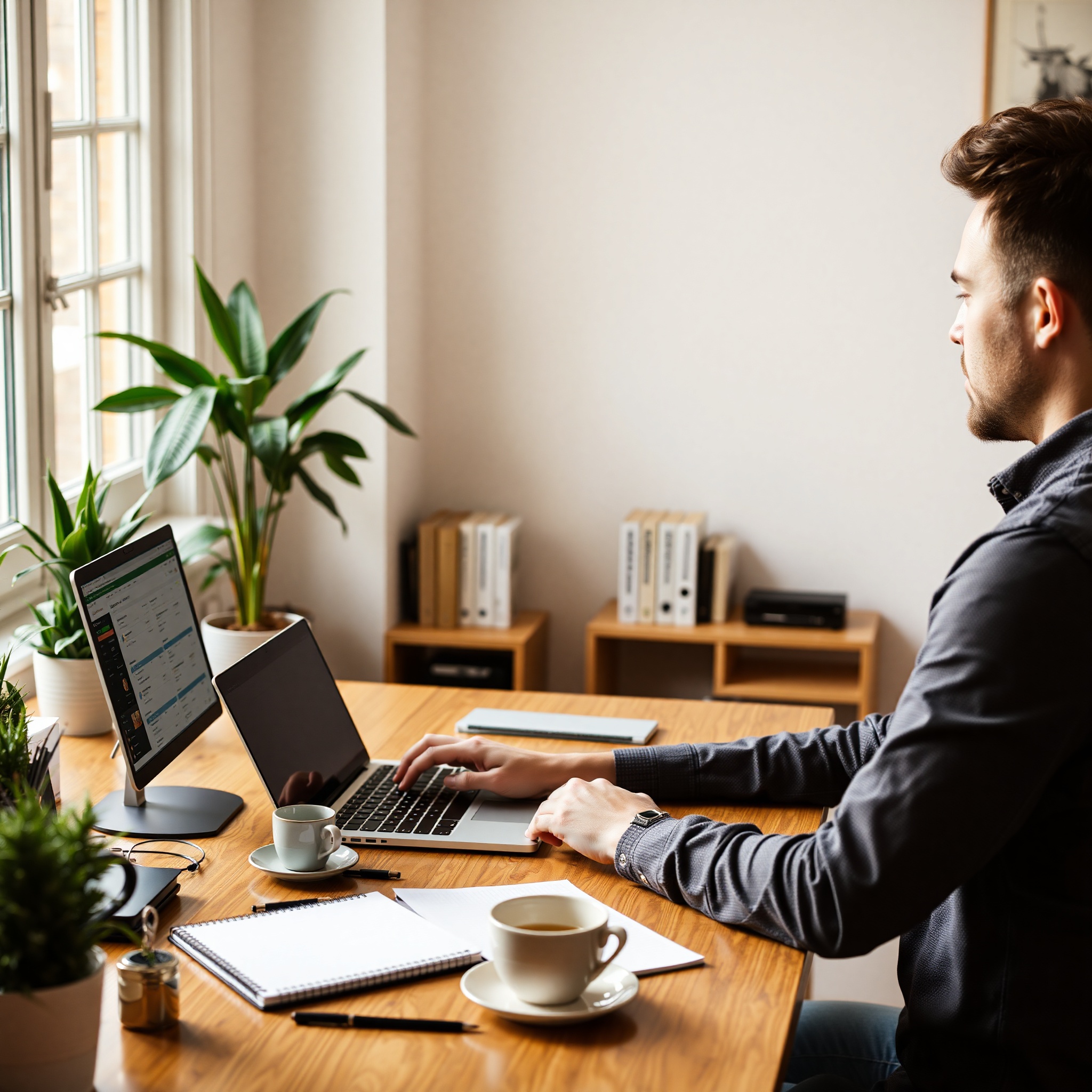 Professional working on laptop with notebook showing freelance project details