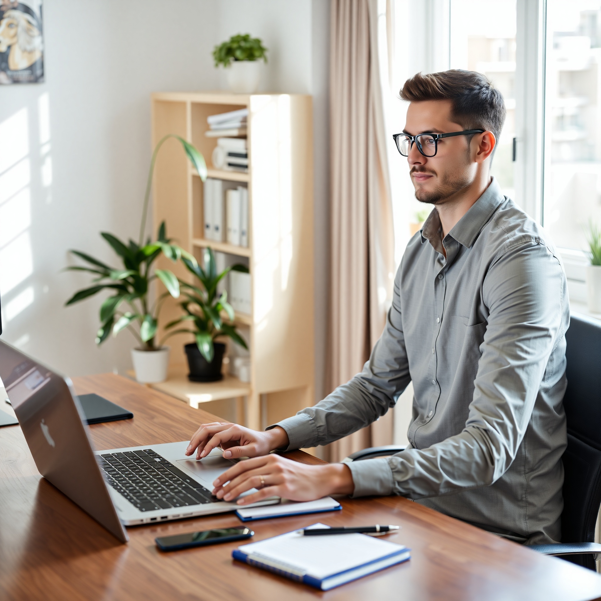 Professional working on laptop with notebook showing freelance project details