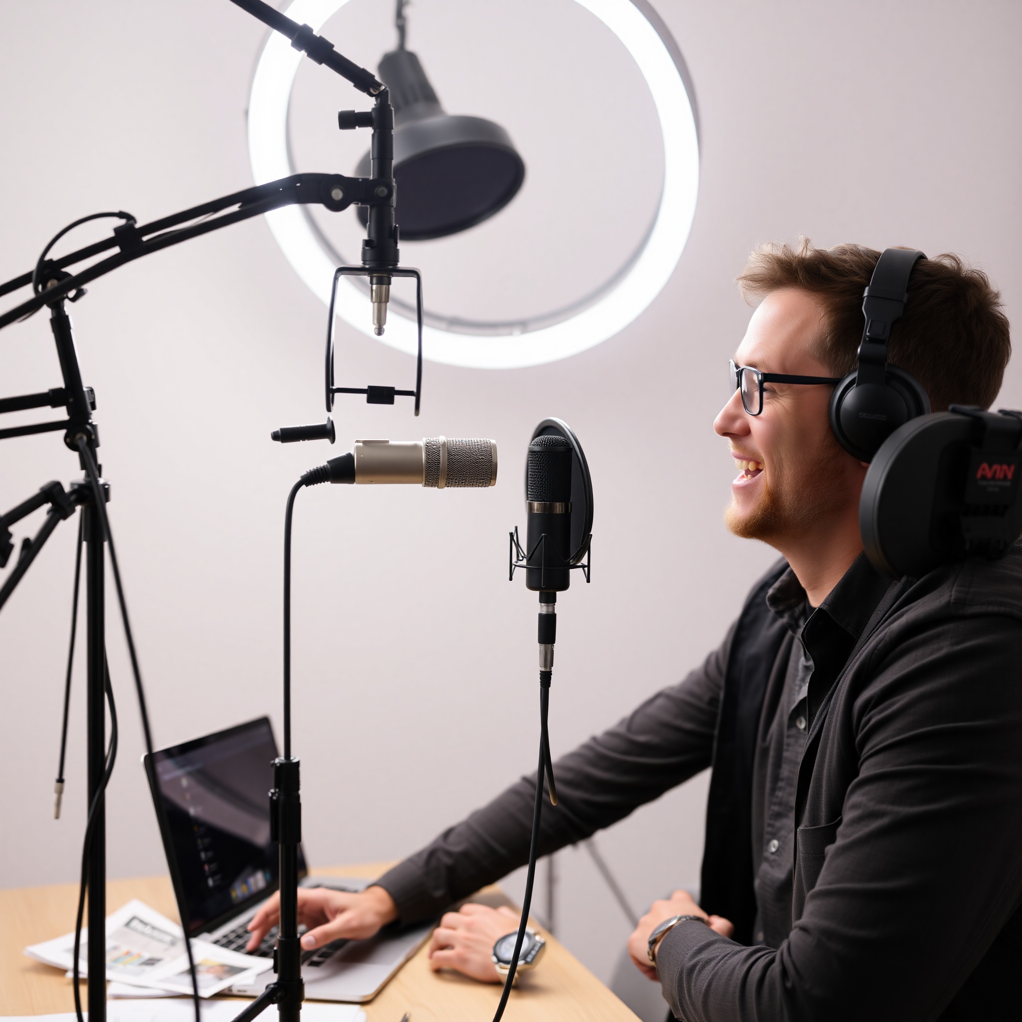 Online instructor recording course content in professional studio with microphone and lighting setup