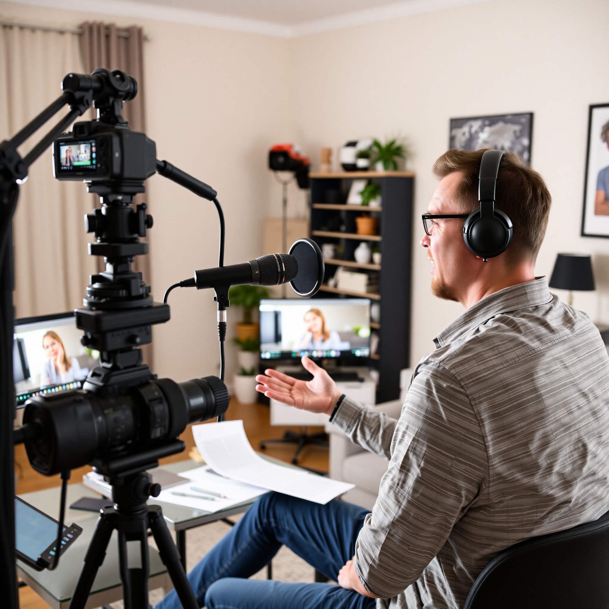 Online educator recording video course content with professional microphone and camera setup in home studio