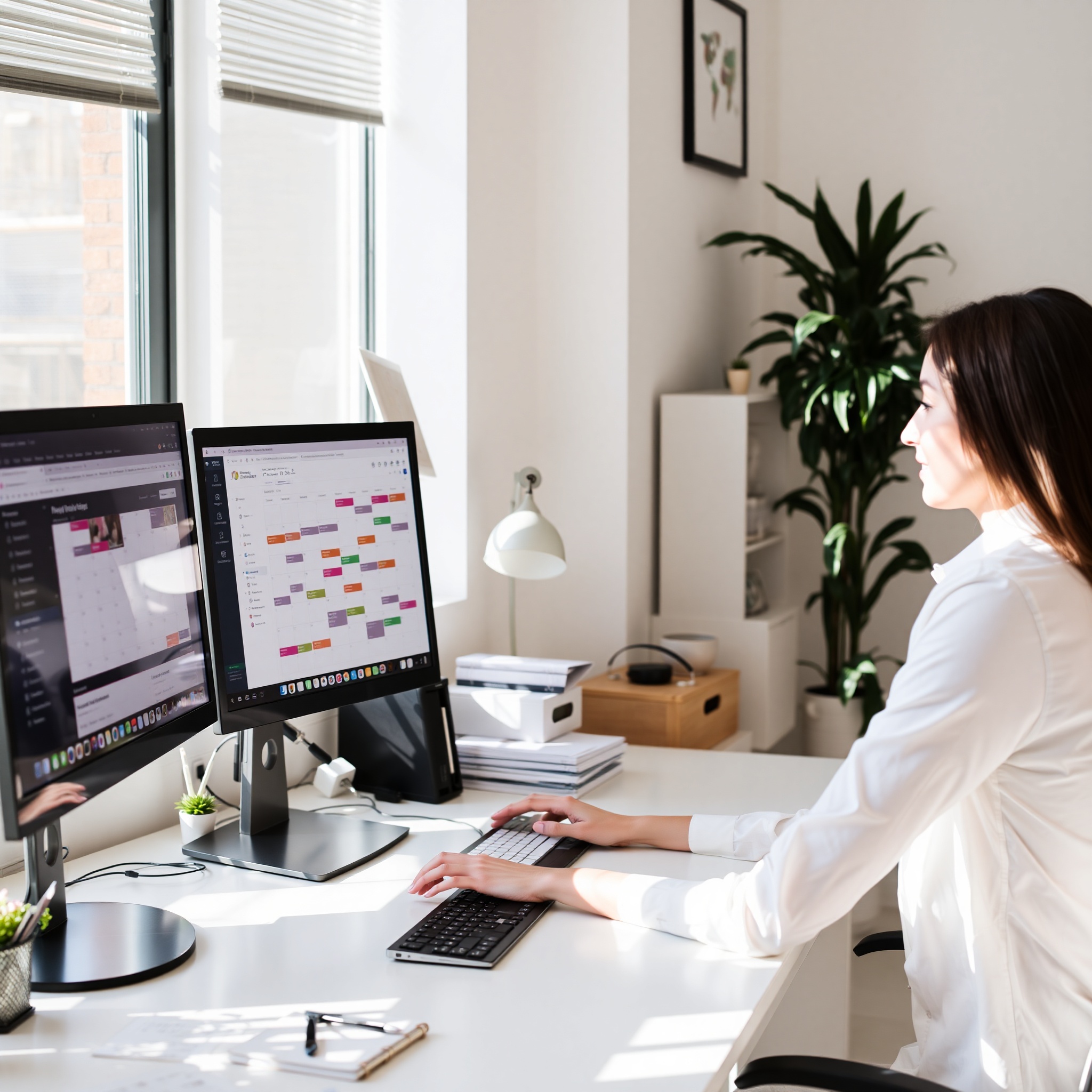 Virtual assistant managing tasks on computer with calendar and task management tools visible