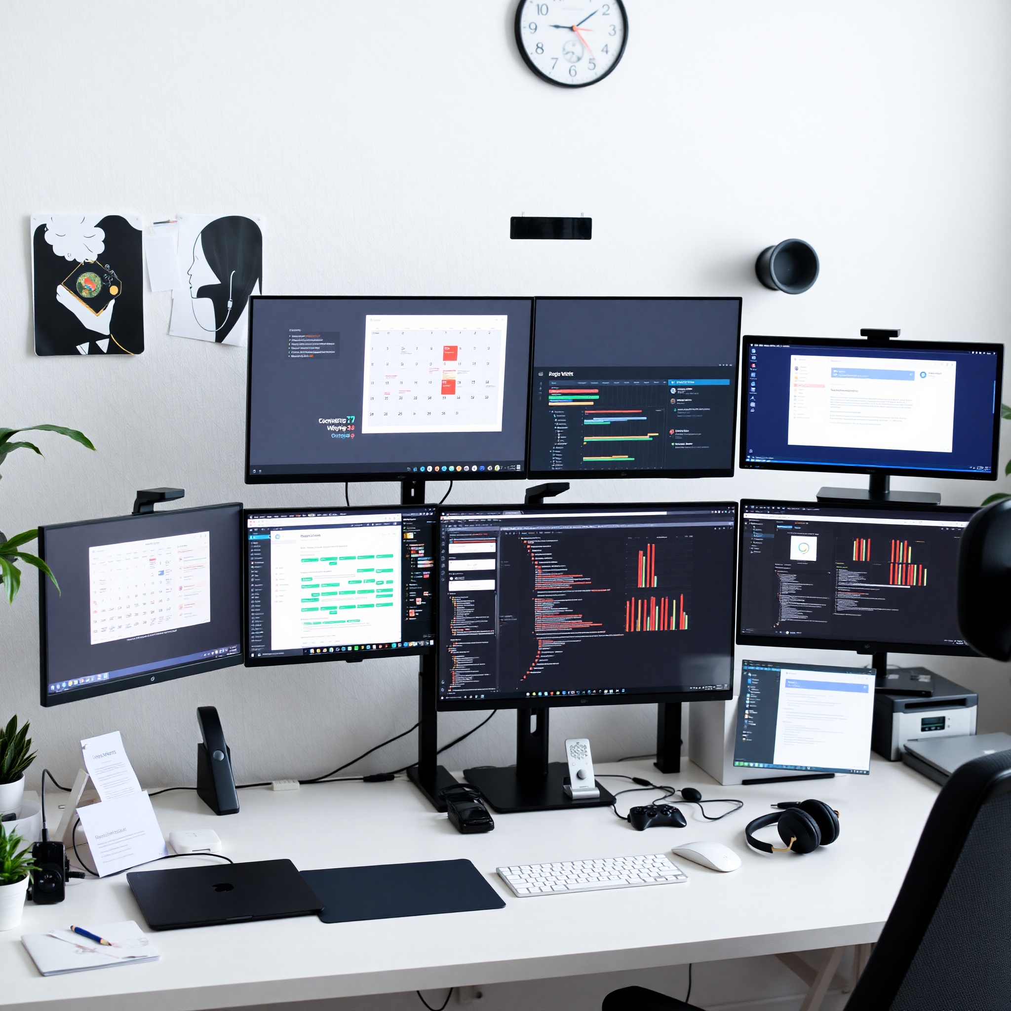 Virtual assistant workspace with calendar, email client, and project management tools visible on screen