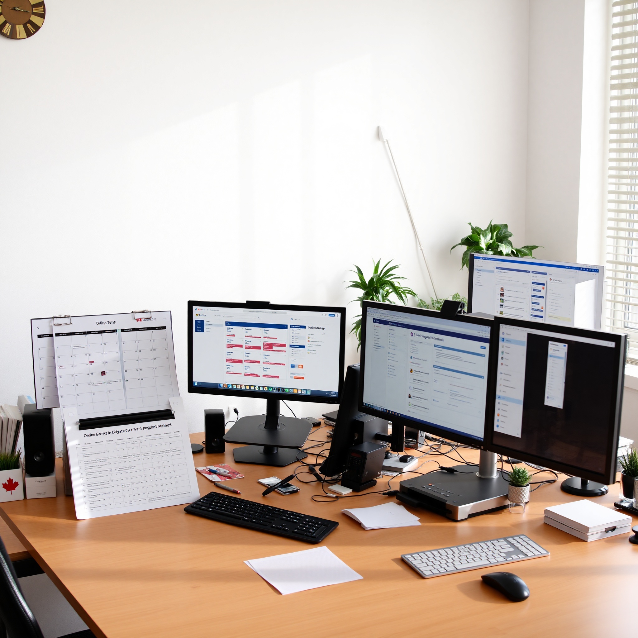 Virtual assistant workspace with calendar, email client, and project management tools visible on screen