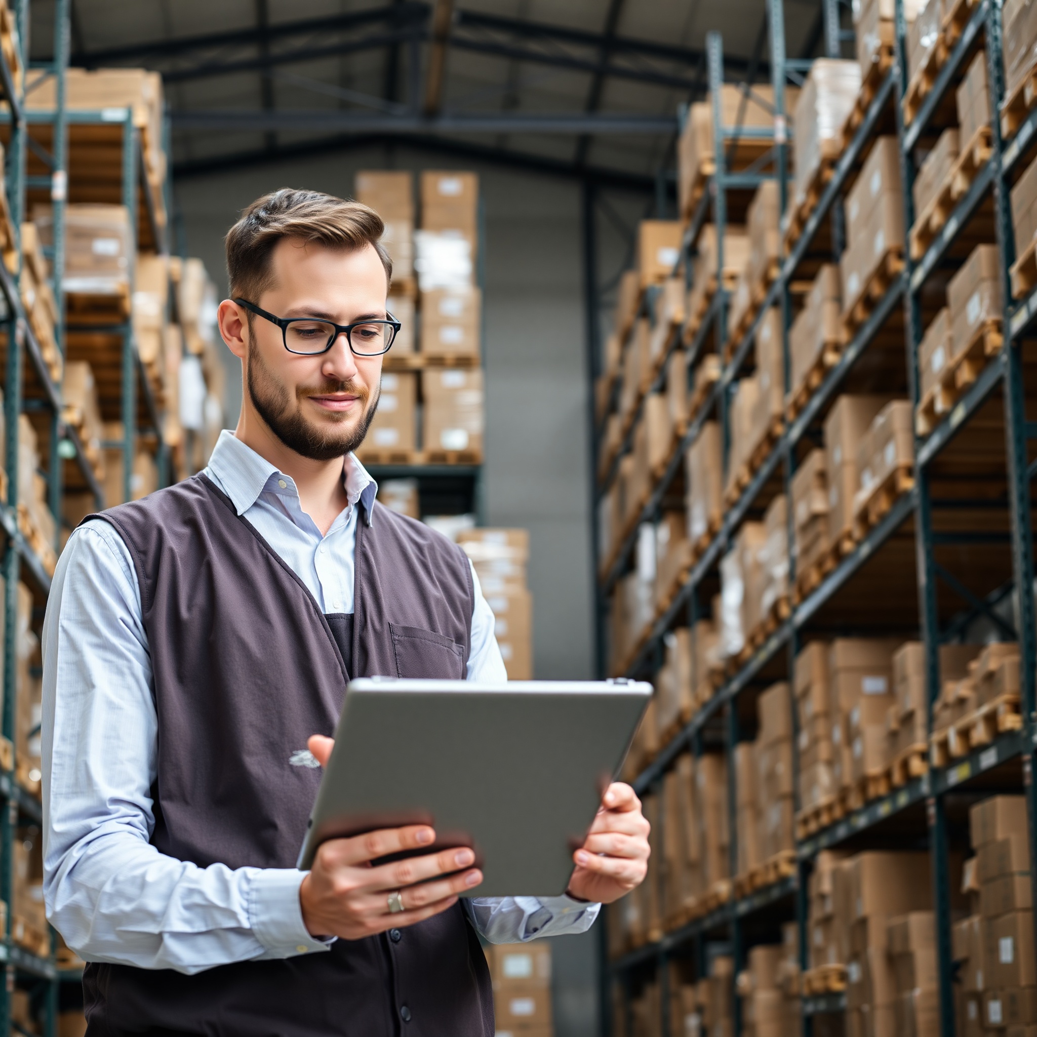 Warehouse worker checking inventory using digital tablet with organized shelving in background