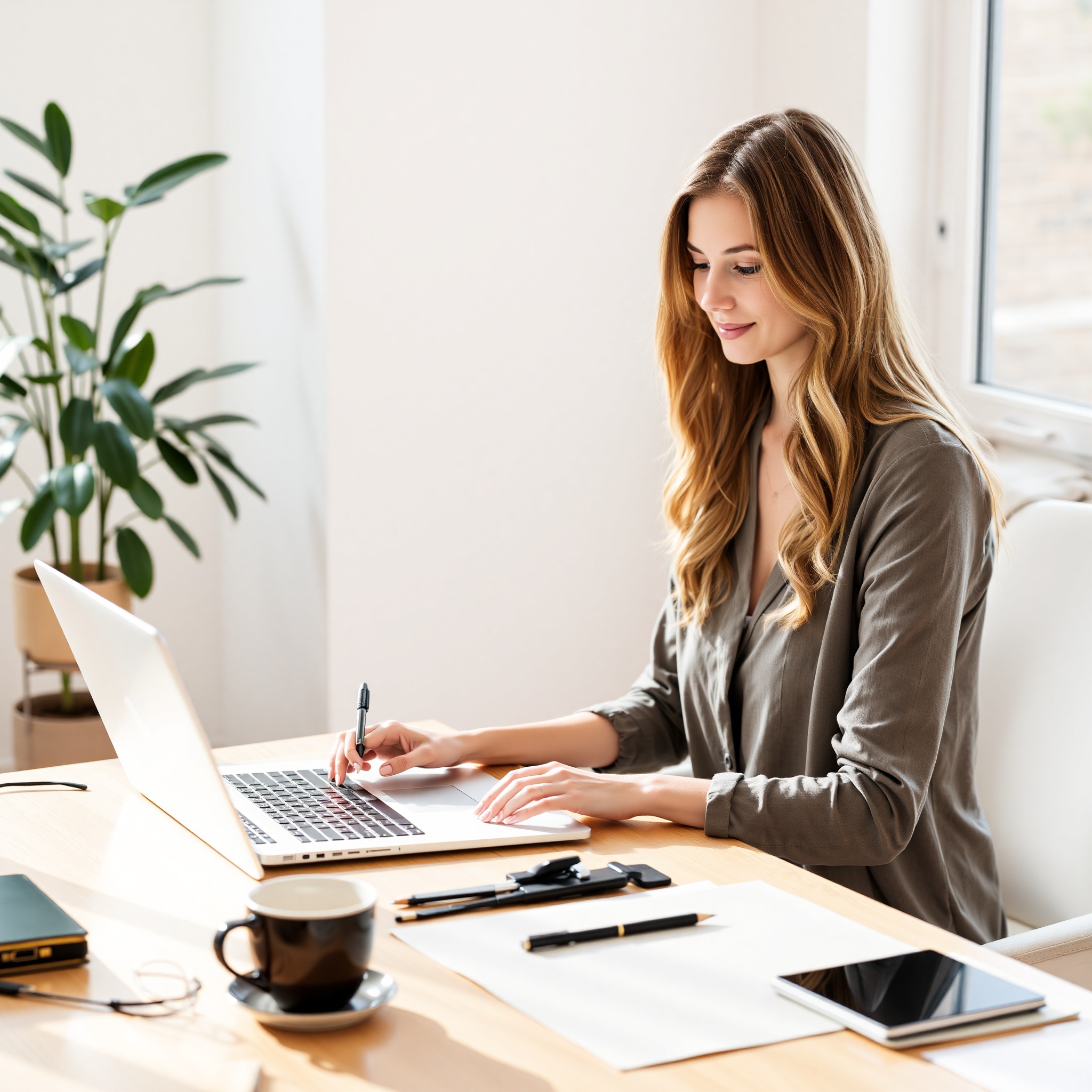 Professional freelance writer working at laptop in home office environment