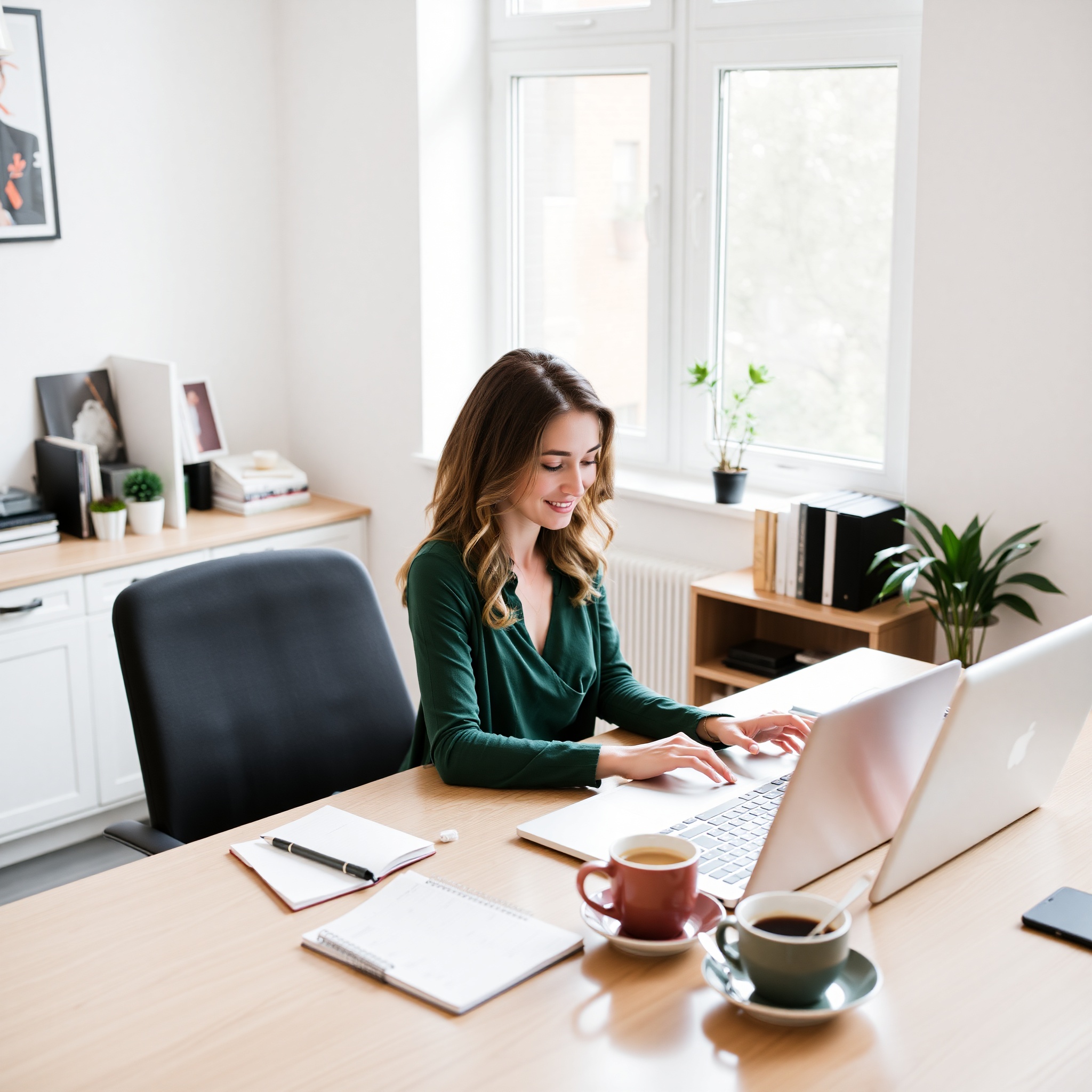 Professional woman working at laptop as virtual assistant in modern home office