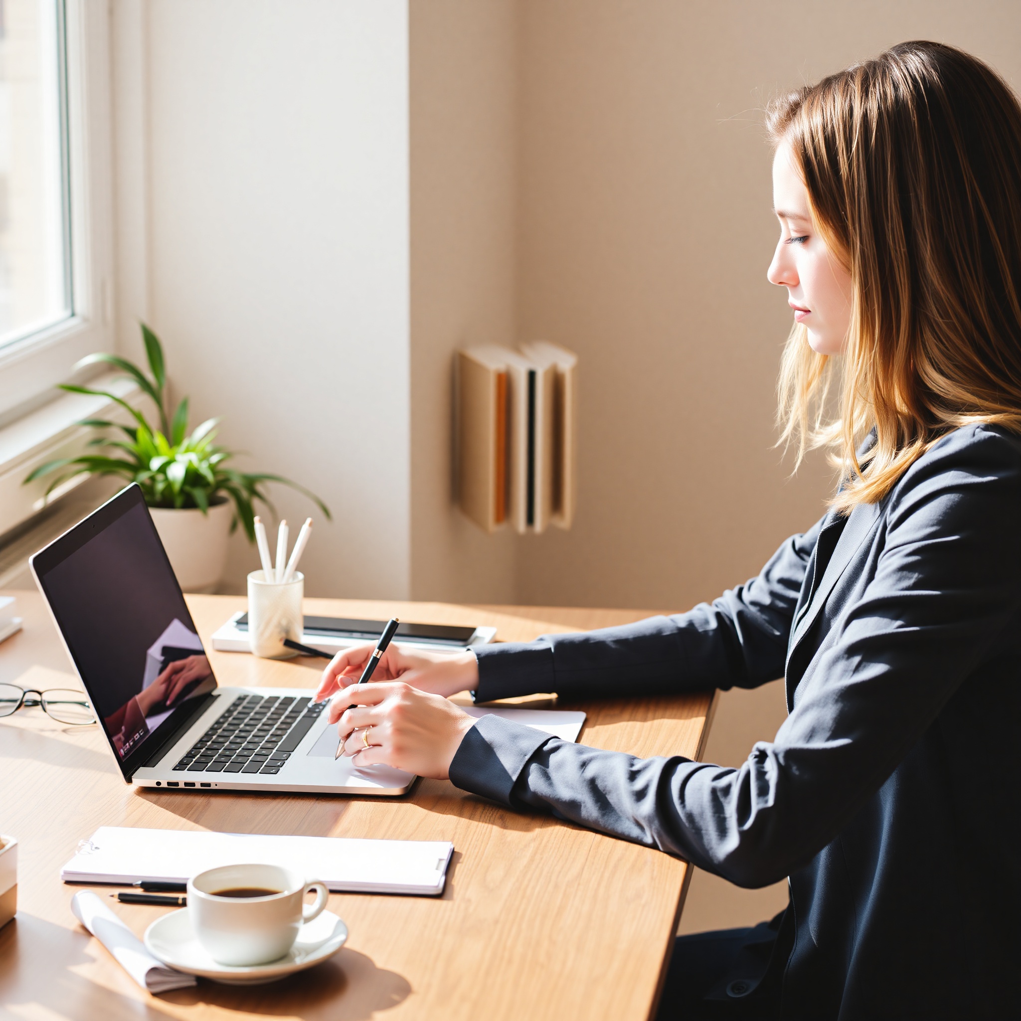 Professional writer working at desk with laptop and notebook